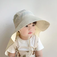 Solid Color Summer Sun Hat for Boy Girl Korean Big Brim Fisherman Cap Kids Quick Dry Mesh Anti UV Beach Cap with Neck Cover 1