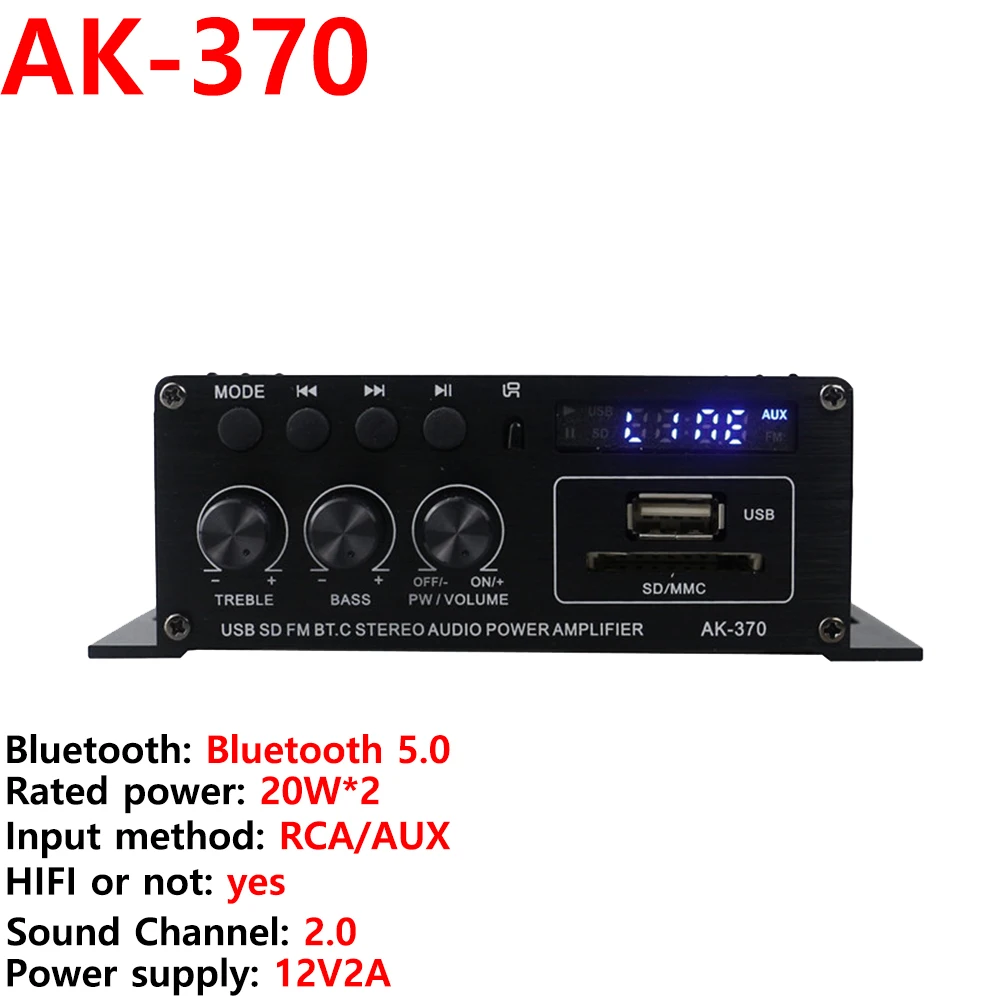 Amplificador Bluetooth AK370 AMP SONIDO AMP HIFI 2.0 CANALES Y Ajuste de agudos para la unidad flash USB RCA SD USB Entrada de audio DC12V