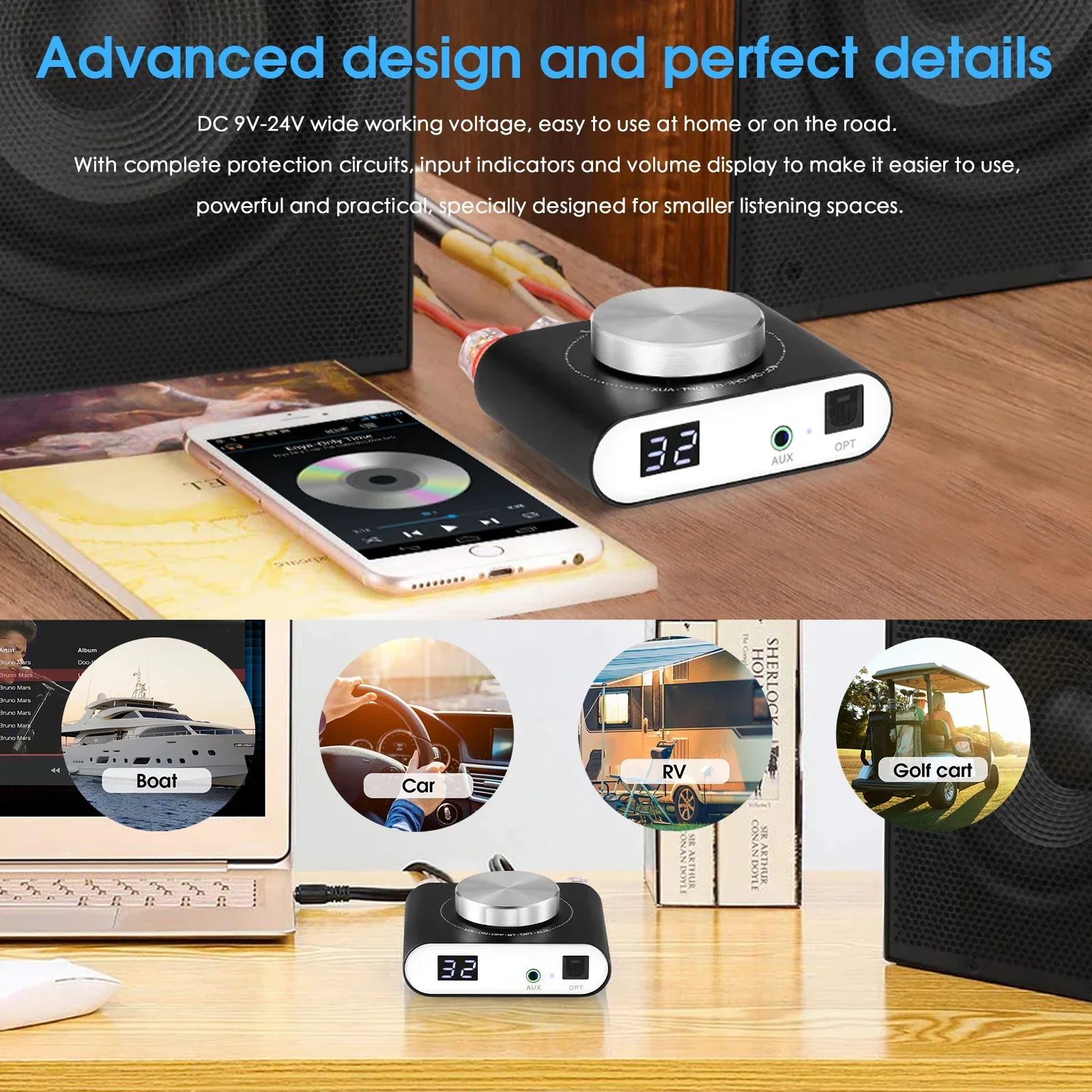 Nobsound Q10 Mini Digital AUX/Optical Amplifier Bluetooth 5.0 Receiver HiFi Class D Desk Power Amp 100W+100W 6