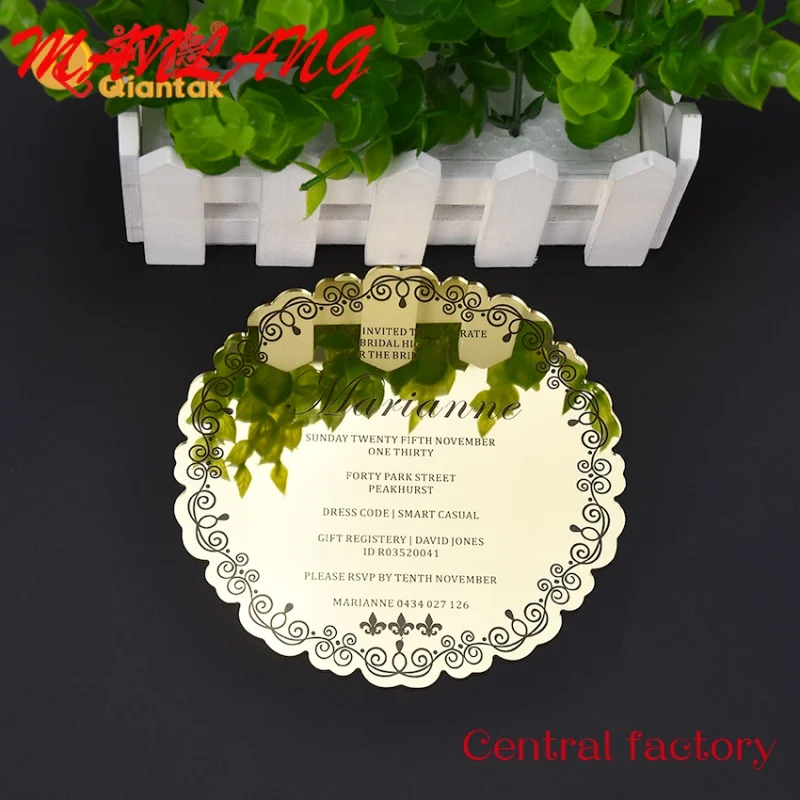 

Custom High Quality Custom Luxury Laser Cut Acrylic Round Gold Wedding Mirror Invitation Card