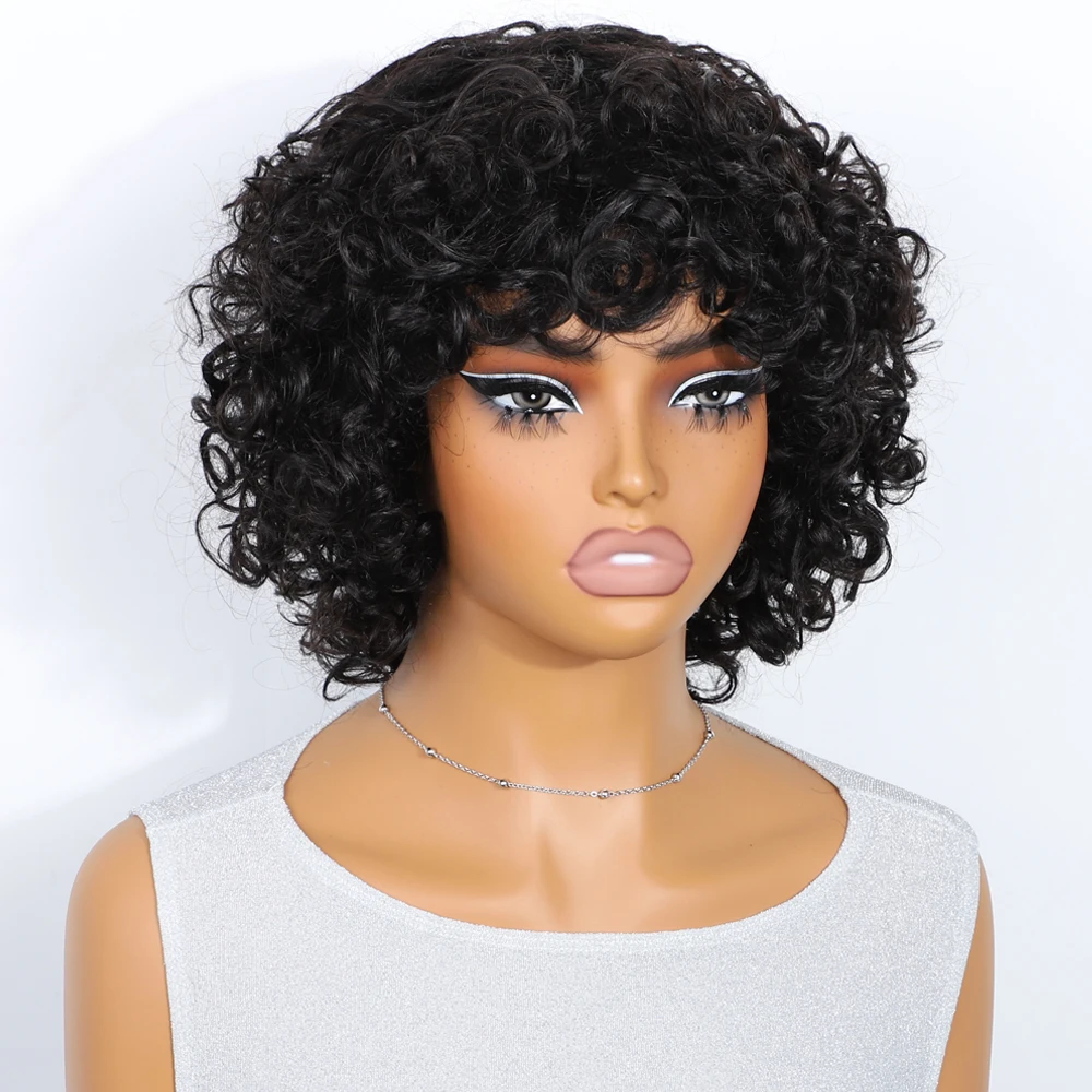 Lekker 여성용 짧은 곱슬 밥 100% 인모 가발, 앞머리 포함, 브라질 레미 헤어, 자연스러운 다크 풀 머신, 컬러 가발