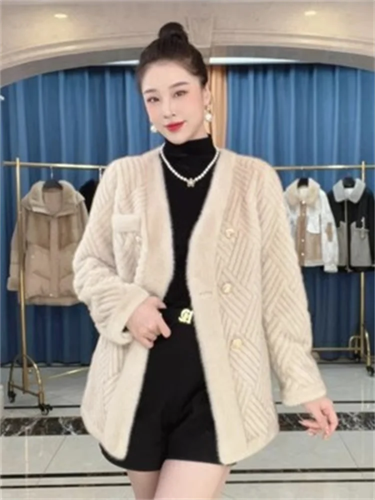 여성용 따뜻한 스웨이드 밍크 모피 코트, 더블 브레스트 단추 가디건, 긴팔 모피, 외투 추가, 2023 겨울 신상