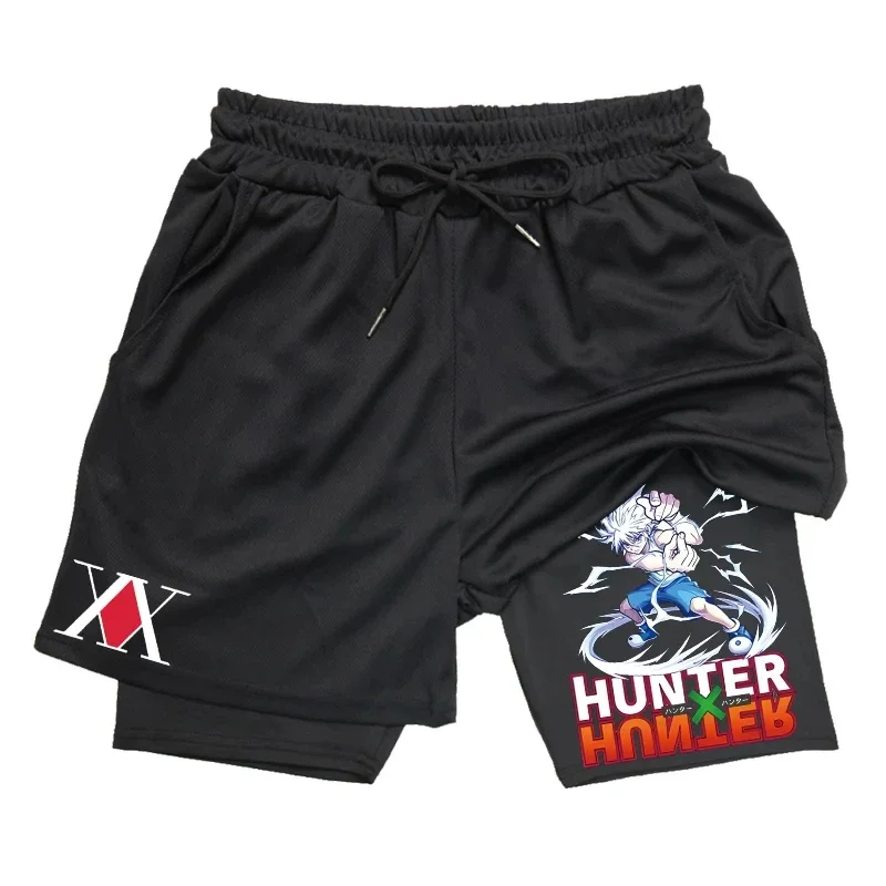 Mens 2-in-1 Athletic Gym Shorts Anime Hunter X Hunter Print Quick Dry Stretchy Active Shorts Fitness Workout Running Sportswear 2