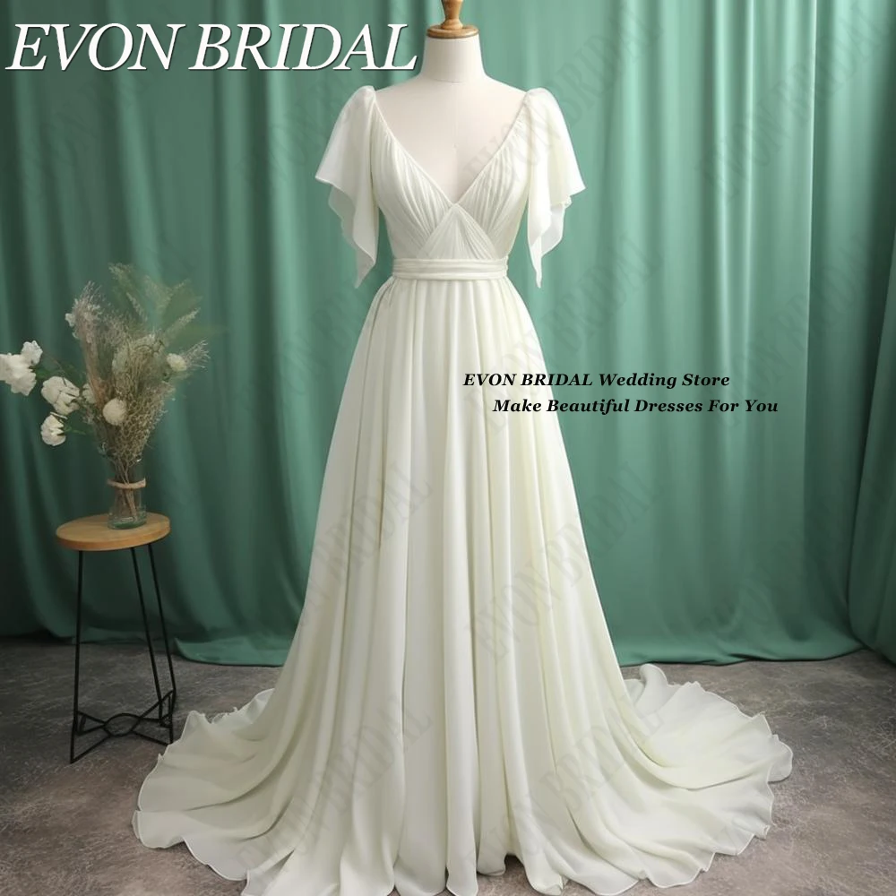 

EVON BRIDAL Real Picture Ivory Wedding Dresses For Women Boho Chiffon Floor Length hochzeits kleid V-Neck A-Line Bridal Dress