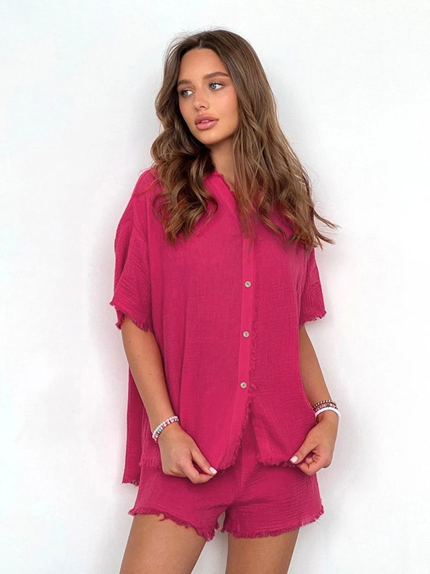 Marthaqiqi Cotton Casual Women'S Nightgowns Suit O-Neck Sleepwear Short Sleeve Pajamas Shorts Loose Ladies Nightwear 2 Piece Set