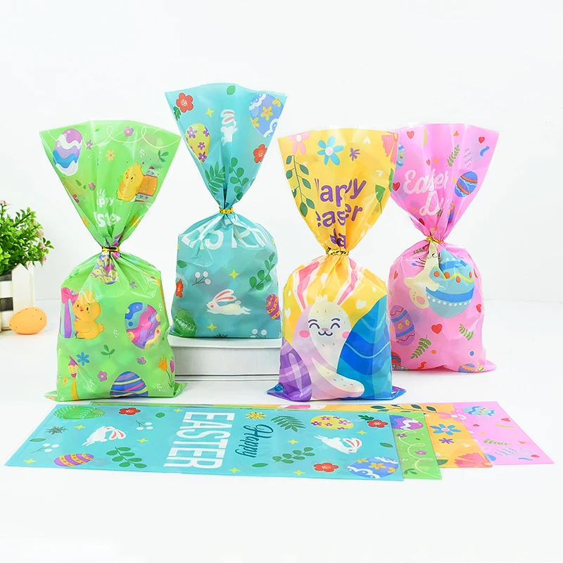 50pcs Happy Easter Cartoon Rabbit Chicken Multicolor Egg Bag Candy Chocolate Packaging Birthday Baby Bath Spring Party Gift Bags