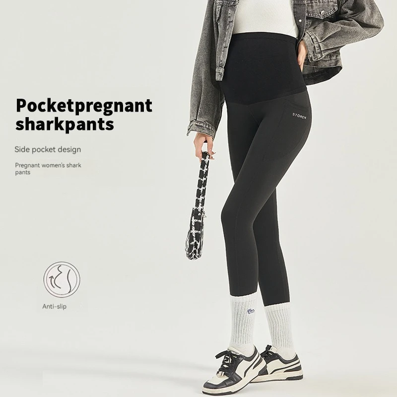 Pregnant Women's Pocket Shark Skin Underpants Fashion Hip Lifting and Slimming Sports Casual Waist Protection Barbie Pants