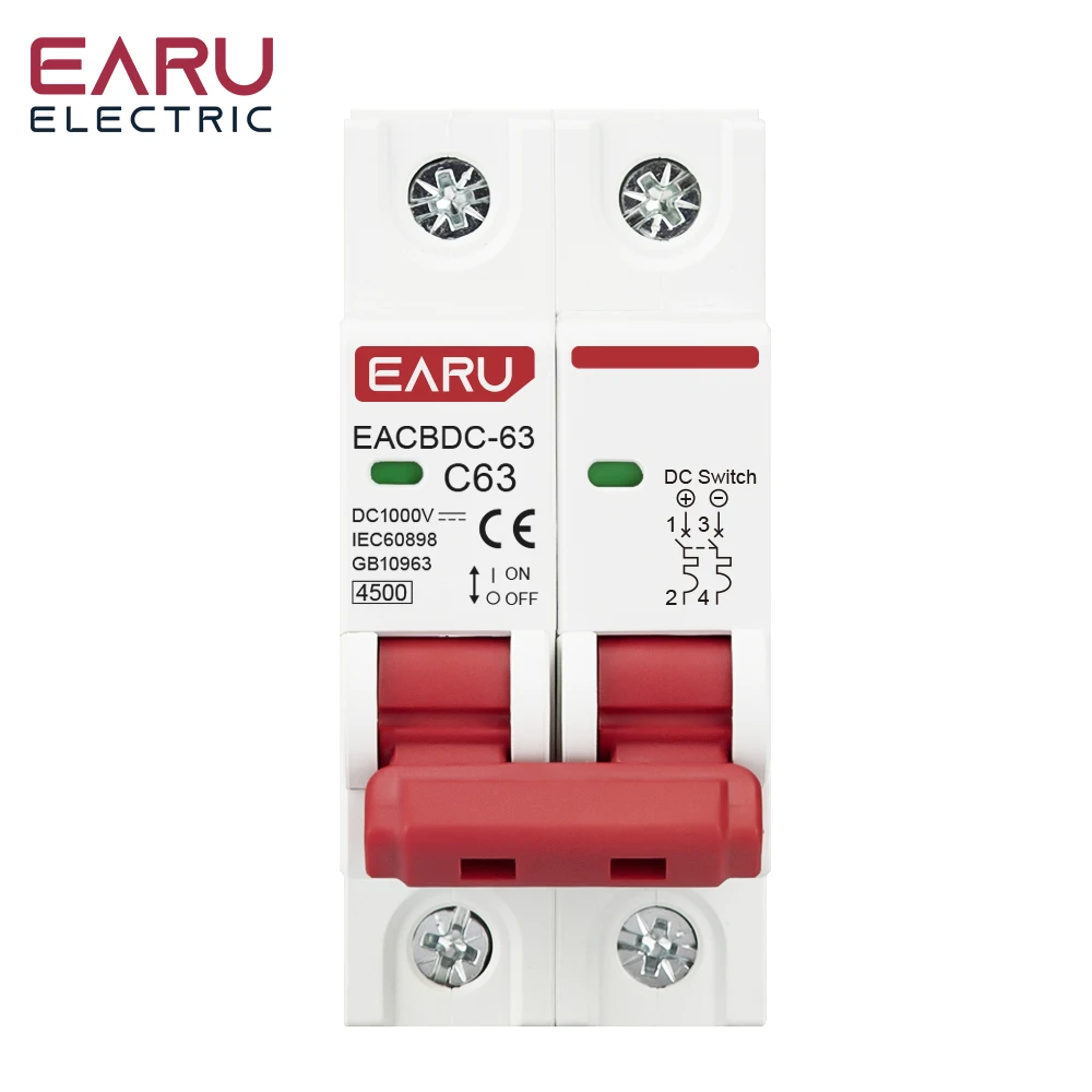 DC 1000V 1P 2P 3P 4P Solar Mini Circuit Breaker Overload Protection Switch6A~63A