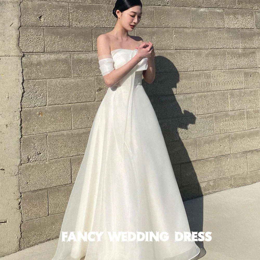 

Fancy Elegant Off Shoulder Korea Wedding Dress Photoshoot Organza Floor Length Short Sleeve Prom Gown Back Corset Custom Made