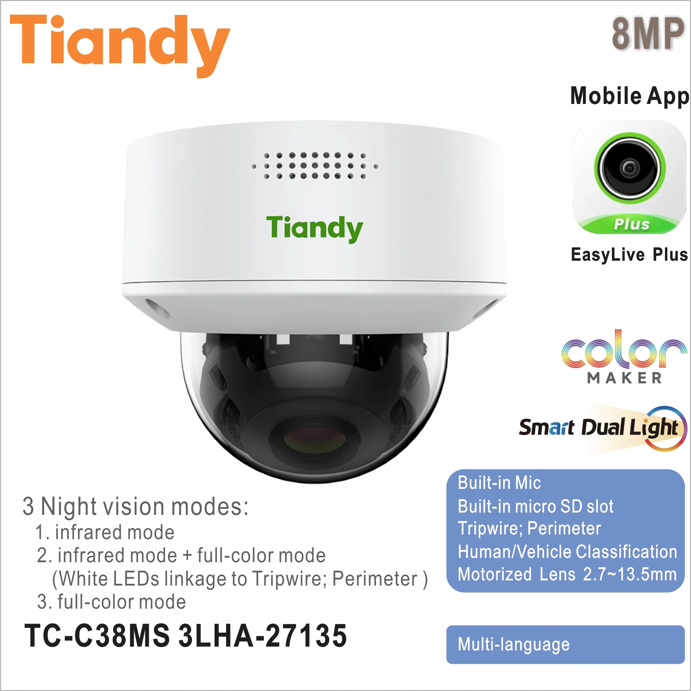 Tiandy TC-C38MS 3LHA-27135 8MP 스마트 듀얼 라이트 돔 카메라 풀 컬러 IP 카메라 내장 마이크 트립와이어 전동식 2.713.5mm