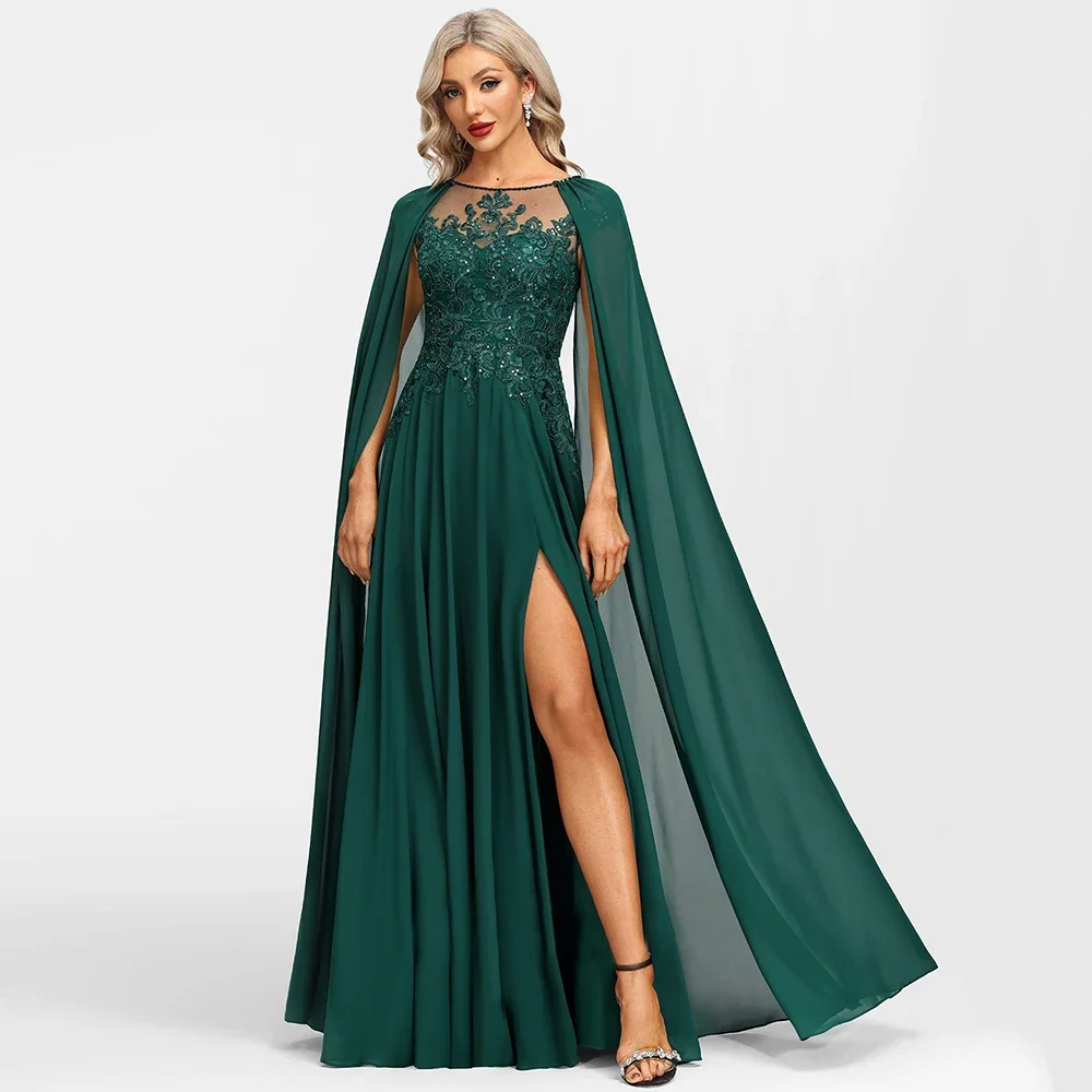 O-Neck A-Line Emerald Mother of the Bride Dresses Side Slit Lace Appliques Sequined Chiffon for Wedding Guest Prom Gowns Mom mother bride dresses