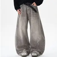 Printemps et automne rétro lavé Vintage gris Splash encre couteau incurvé jean pour hommes et femmes marque à la mode américaine rue lâche P 3