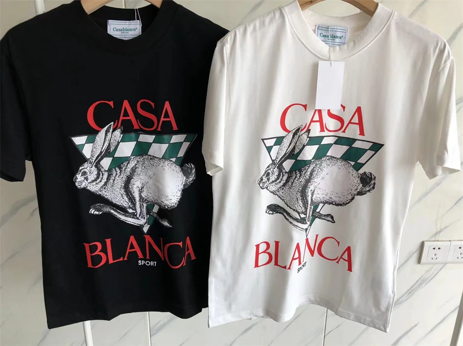 

2023SS Rabbit Print Casablanca T-Shirts Men Women Black White Top Tees Short Sleeve Tennis Club T Shirt Hip Hop Clothing