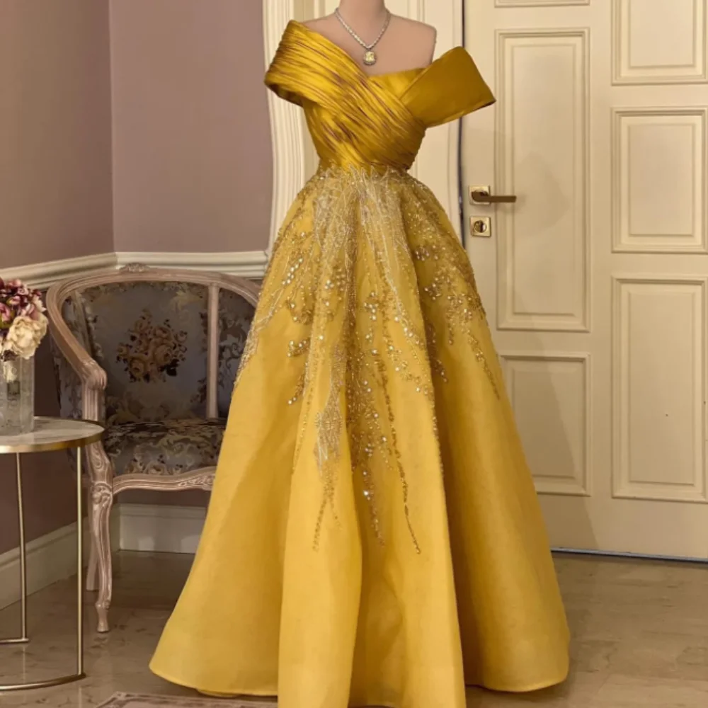 

2024 New Aso Ebi Gold Yellow A-Line Evening Dress Exquisite Beaded Crystals Pleated Party Prom Gowns Off Shoulder Robe De Soiree