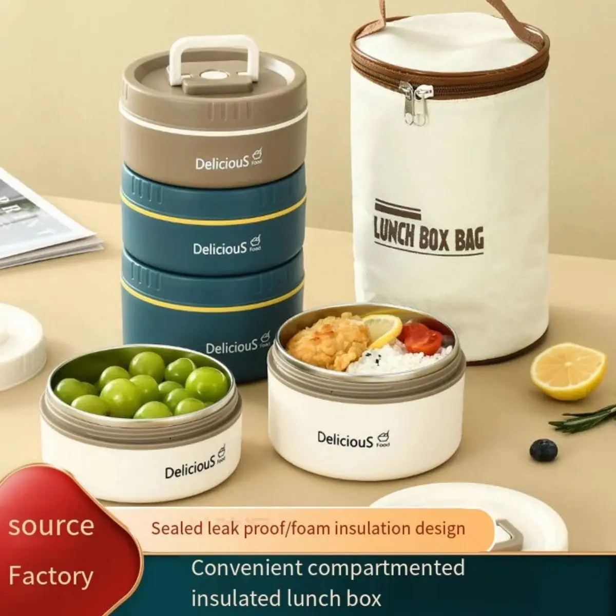 1pcs Portable thermal lunch box Set of Adult Stainless Steel Thermal Lunch Box for Hot Food Bag Neutral