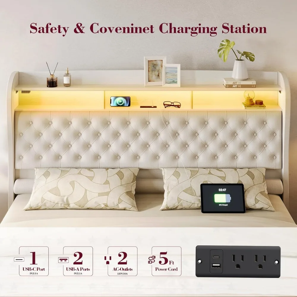 King Size Bed Frame with Storage,Velvet Upholstered Bed with Charging Station and LED Light,Deep ButtonTufted Wingback Headboard 5