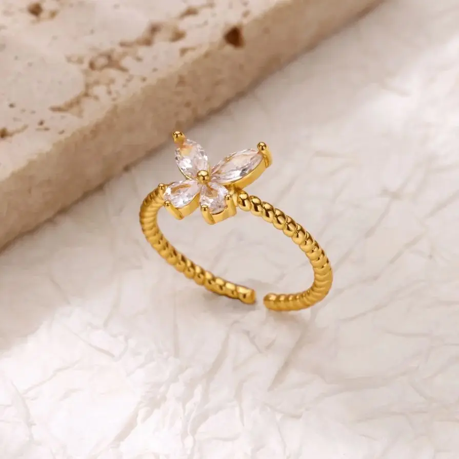 Zircon Butterfly Rings for Women Stainless Steel Adjustable Shiny Butterfly Ring