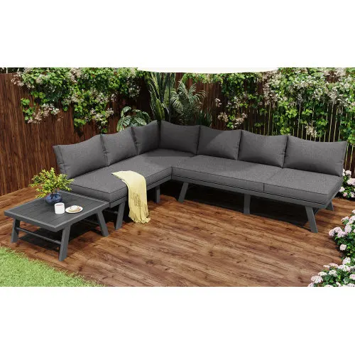 Set di mobili da giardino, set di poltrone per 5-6 persone, divani 2-3 posti, 1 tavolo, inclusi 7 cuscini grigi, ferro zincato 5