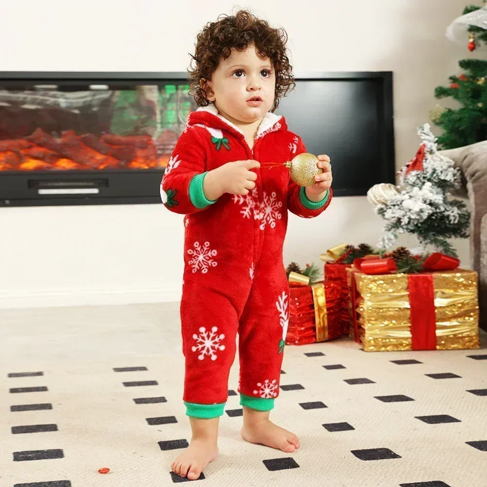 New Family Christmas Clothes Red Flannel Pajamas Warm Soft Jumpsuit Print Parent-child Matching Outfits Hooded Romper Xmas Look 4