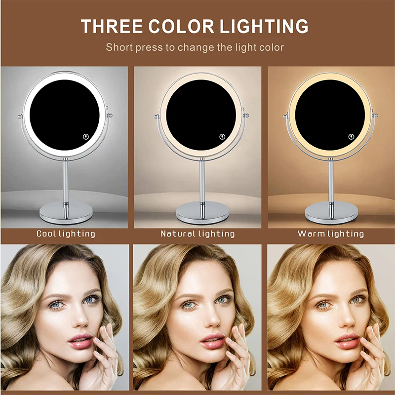 8 inch Makeup Mirror with LED 3 color Lights 5X7X10X Magnification Double Sided Vanity Mirror USB Charging Desktop table Mirrors 3