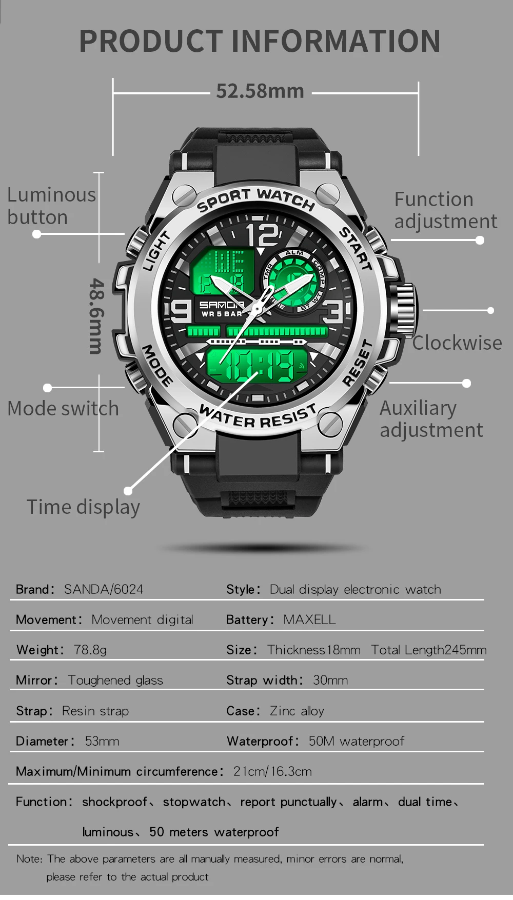 2022 SANDA Quartz 5ATM Waterproof Men Clock Sport Dual Display Electronic Watch Top Brand Military Men's Watch Relogio Masculino
