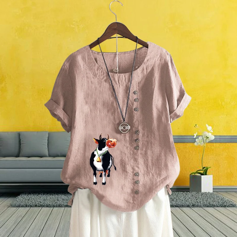 

2022 Women Summer Graphic Printed Round Neck Short Sleeve T Shirt Casual Loose Elegant High-end Cotton Linen Solid Color Top