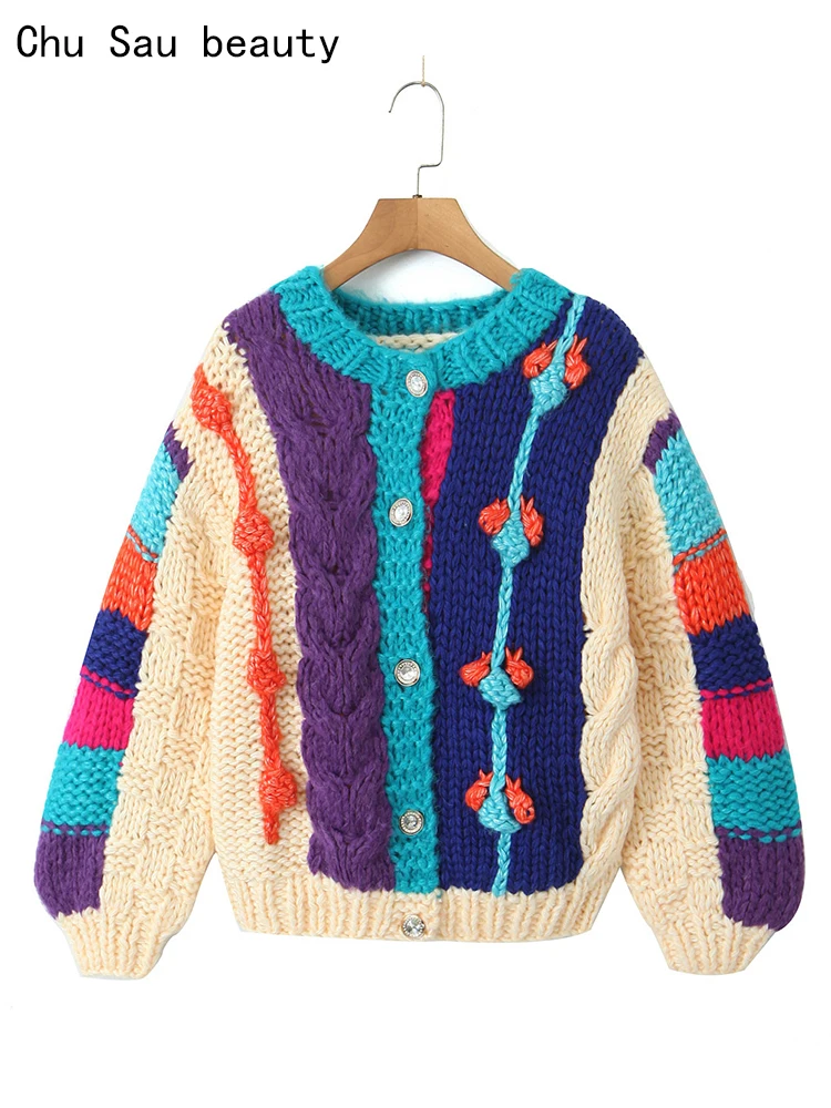 

Chu Sau beauty 2023 Women Autumn Fashion Sweet Crochet Knitted Loose Cardigan Cute Single-breasted Sweater Chic O-neck Knitwears