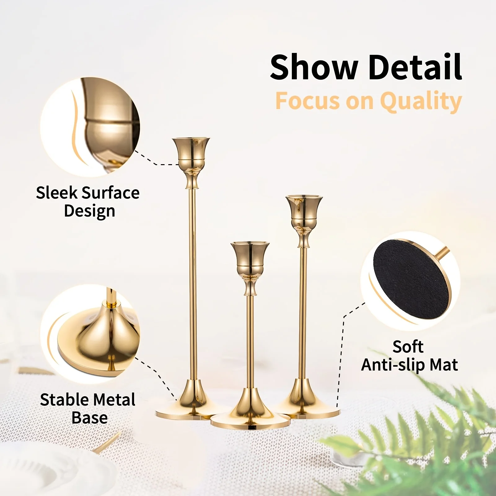 3pcs Brass Golden Metal Cone Candle Holders,Vintage Modern Decorative Center Candle Holders for Fireplace Mantel