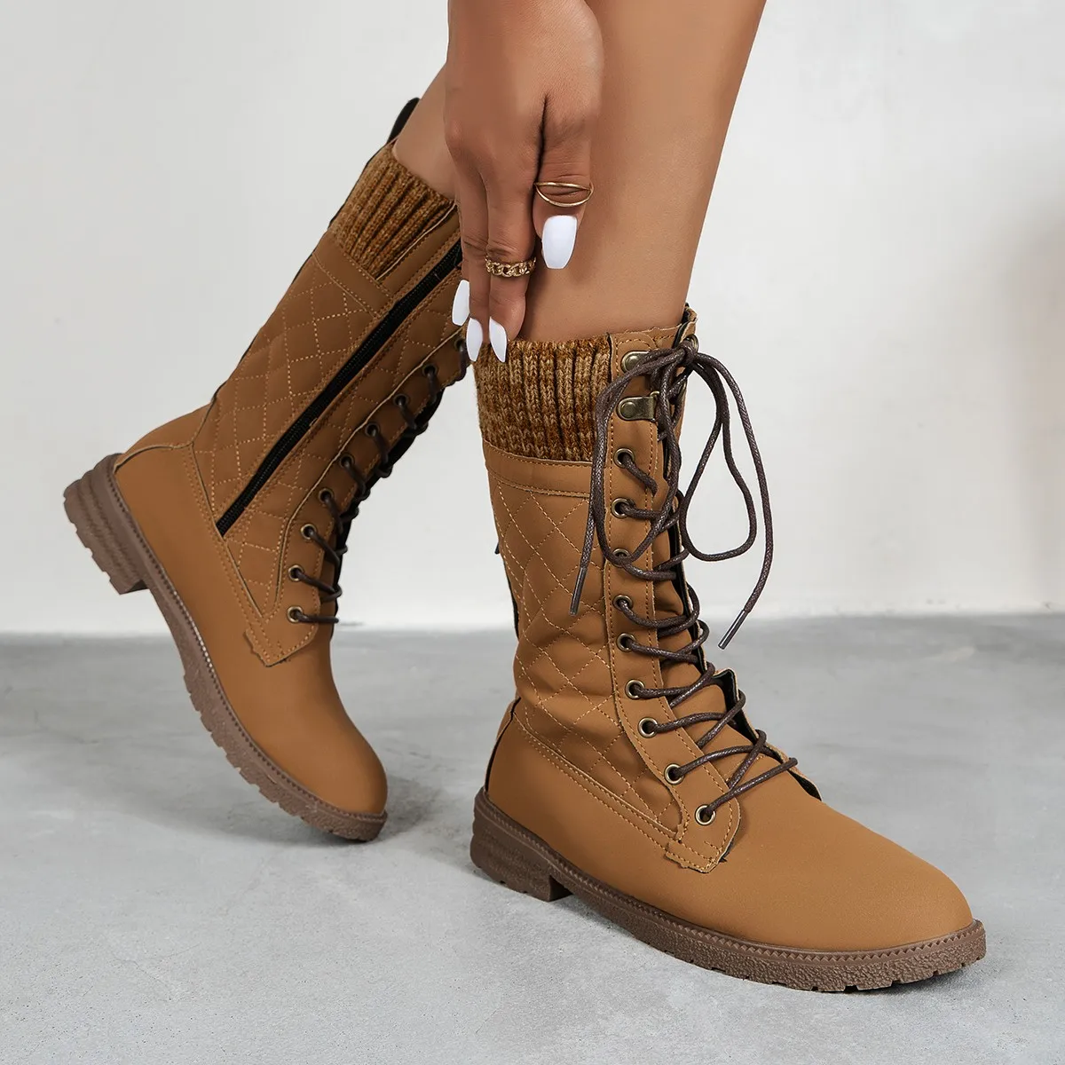 Women's Winter Side-pull Lace-up Knitted Mid-tube Boots Low-heeled Round-toe Boots High-quality Winter Warm Boots Botas De Mujer