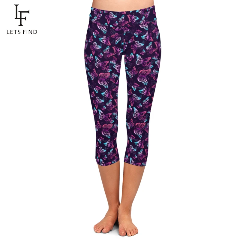 

LETSFIND High Quaility 3D Purple and Neon Butterflies Print Stretch Mid-Calf 3/4 Pants Summer Women Sexy Fitness Capri Leggings