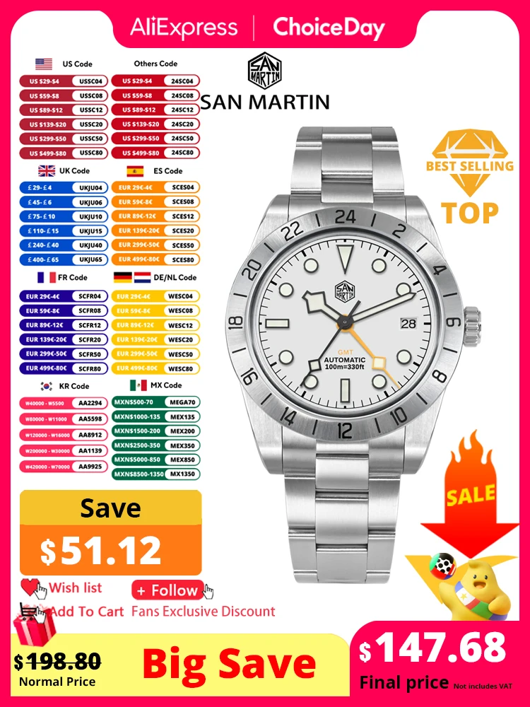 San Martin 남성용 자동 기계식 GMT 시계, NH34 스테인리스 스틸 스포츠 시계, 사파이어 야광 방수, 39mm, Relogio, 신제품