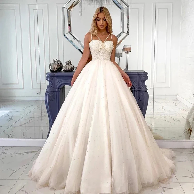 

Princess Sweetheart Wedding Dresses Spaghetti Straps Bride Dresses Beading Ball Gown Backless Sleeveless Robe De Mariée