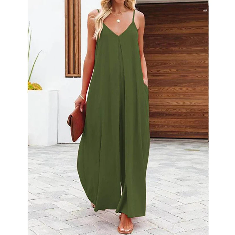 Women Oversized Streetwear Jumpsuits Summer Fashion Elegant Pleated Wide Leg Overalls V Neck Sleeveless Spaghetti Strap Rompers