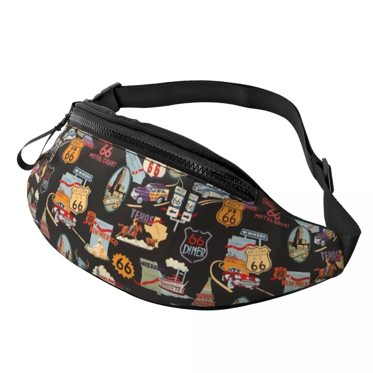 

Fashion Retro Route 66 Signs Fanny Pack Women Men Road Trip Landmarks Crossbody Waist Bag for Camping Biking Phone Money Pouch