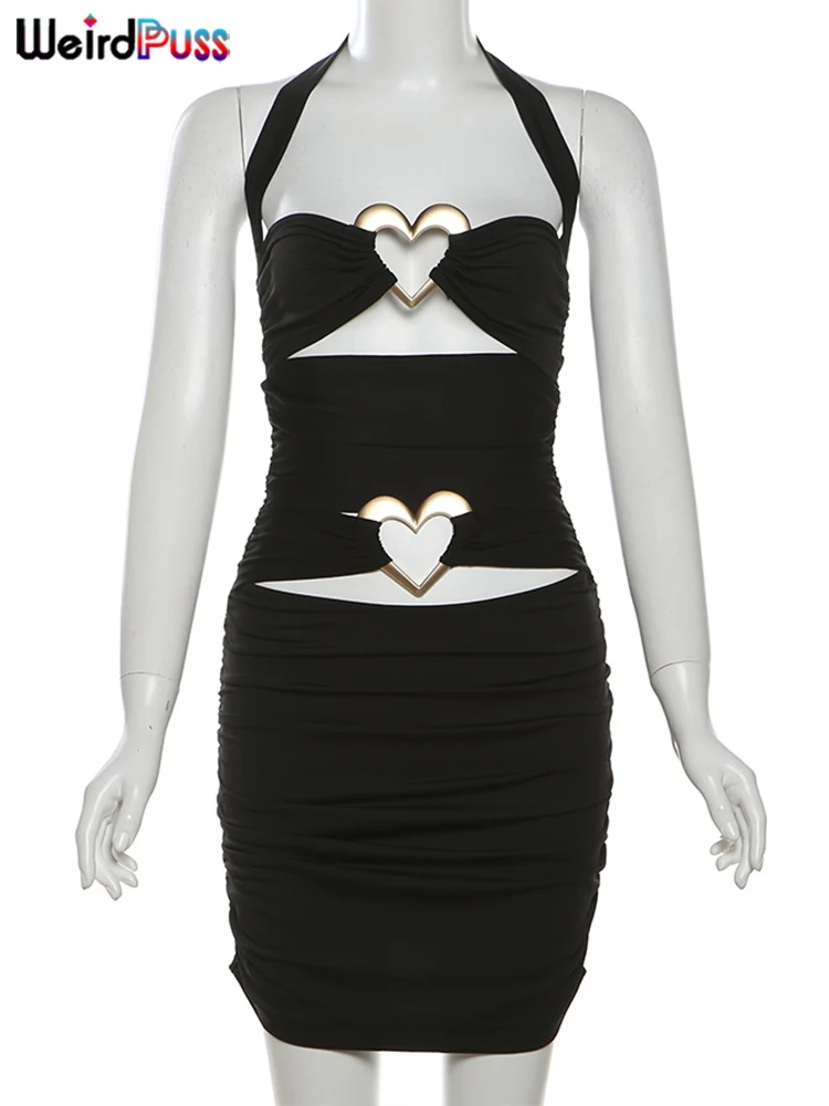 Weird Puss Peach Buttocks Dress Women Ruched Hollow Halter Backless Sexy Heart Metal Buckle Party Vacation Hipster Mini Bodycon 5