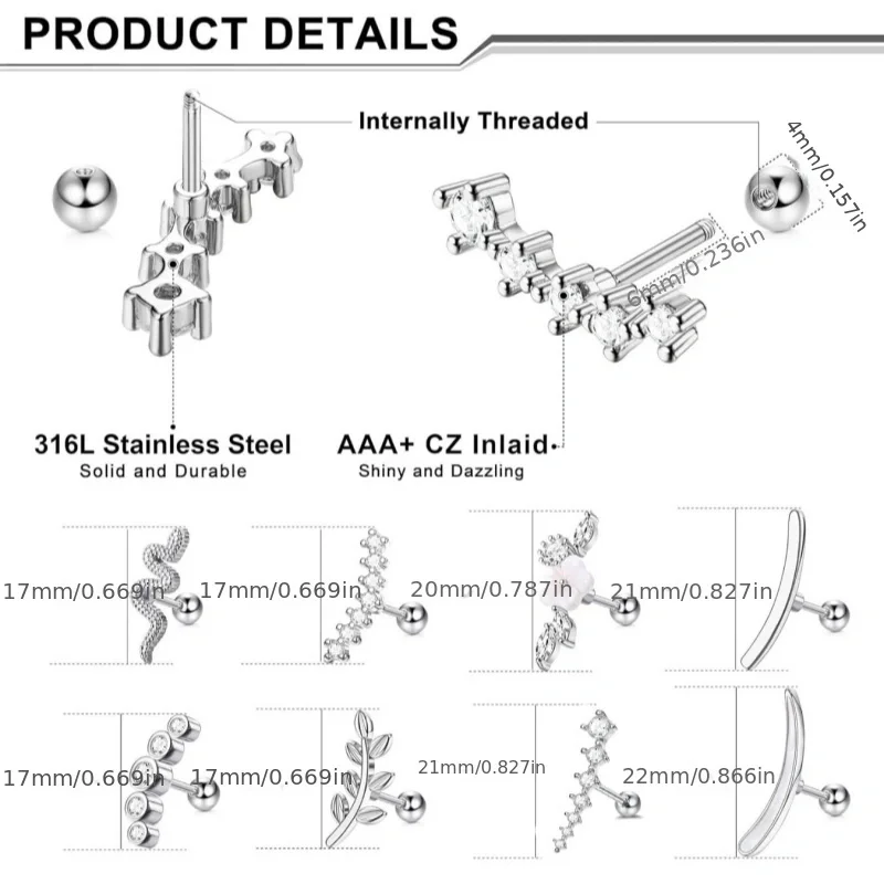 Stud Earrings 1Pc 16G Stainless Steel Screw Back Stud Earrings for Women Men, Fashion Cubic Zerconia Cartilage Conch Helix Ear Piercing Jewels