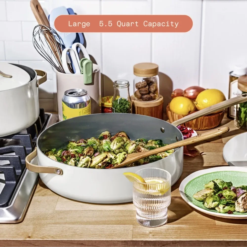 Description Picture 3 of itemDutch Pot 5.5 Quart Ceramic Non-Stick Sauté Pan Saucepan White Icing By Drew Barrymore Porcelain Dutch Oven Cookware Cooking Bar