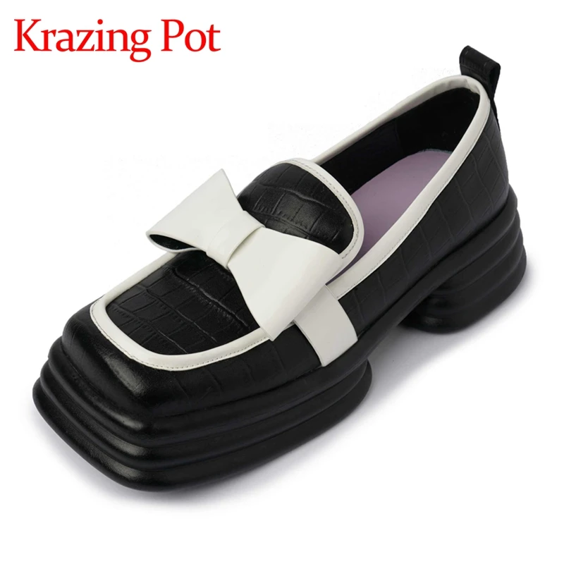 

Krazing Pot Cow Split Leather Square Toe Thick Bottom Med Heel Platform Loafers Butterfly-knot Mixed Color Sweet Women Pumps L63