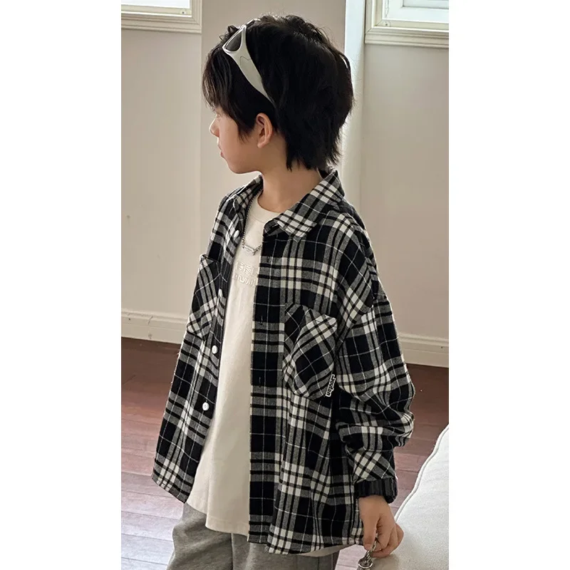 Trendy Plaid Long Sleeve Shirt for Boys Children's Clothing Spring Autumn Middle Large Children Boy's Shirt
