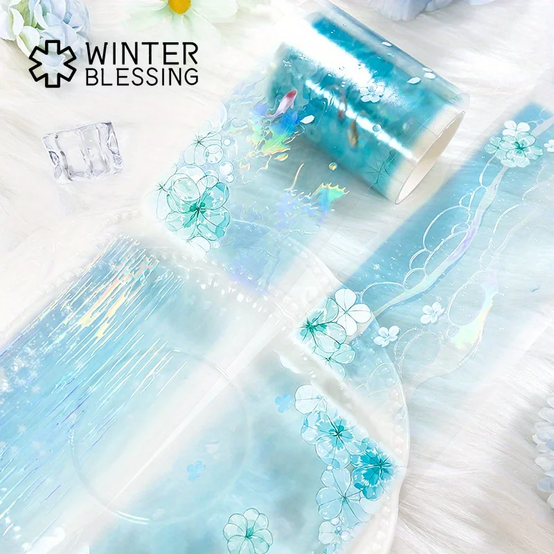 2m Laser Iridescent PET Tape Blue Flower Transparent Roll Stickers Decorative Adhesive Tape For Scrapbooking Journal Stationery 3