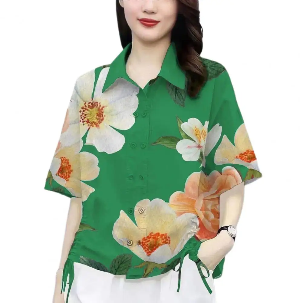 

Women Top Floral Patterned Lapel Shirt for Women with Double Breasted Design Drawstring Detail Loose Fit Summer Top Women