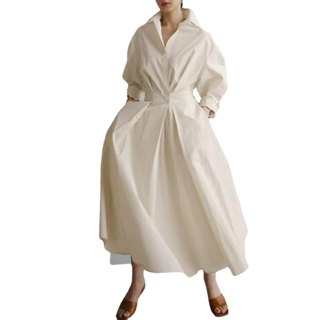 Autumn Cotton Dress Long Sleeve Solid Elegant Maxi Dresses For Women 2023 White Casual V Neck Shirt Party Long Dress Robe Femme 4