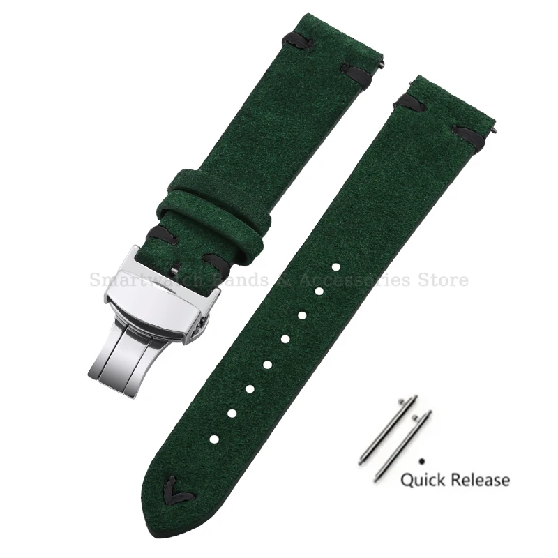 Vintage Handmade Suede Stitch Leather Watch Strap with Quick Release and Folding Clasp