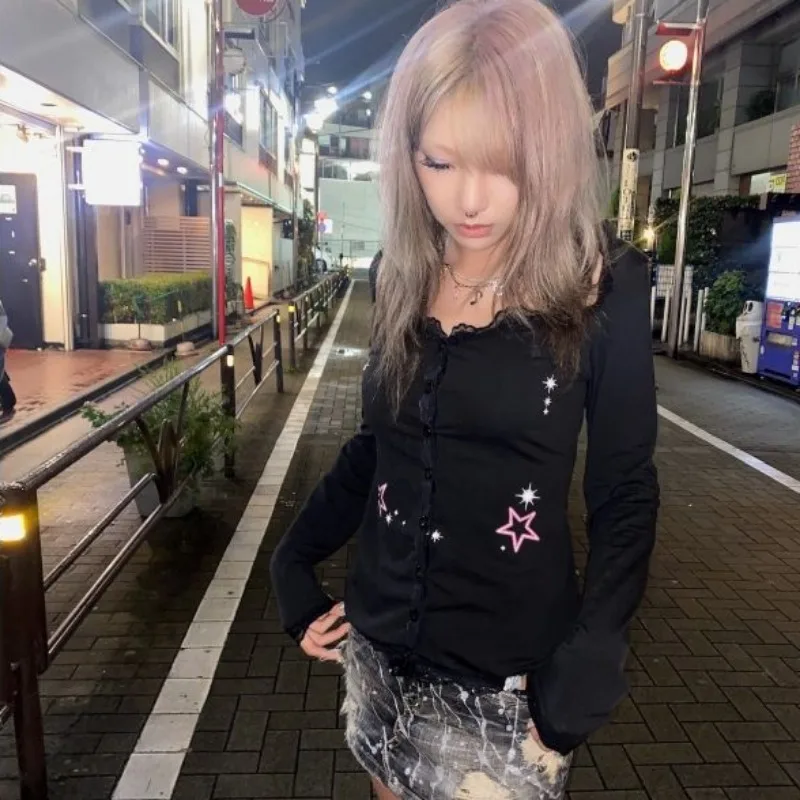 

HOUZHOU Cyber Y2k Stars T Shirt Women Gothic Style Long Sleeve Slim Coquette Lace Harajuku Cardigan Tee Shirt Vintage 90s Tops