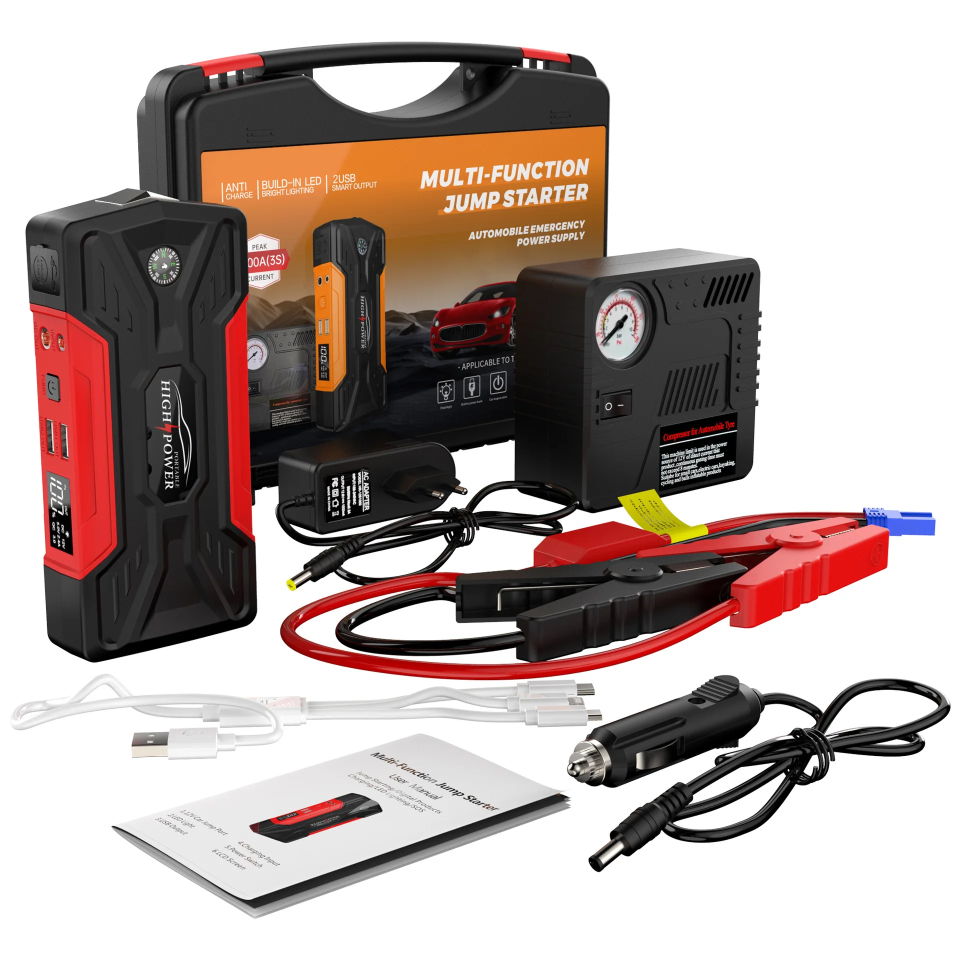 Car Jump Starter 12V 99800mAh Digital Display Emergency Power Supply Portable Emergency Starter Car Battery Booster Power Bank