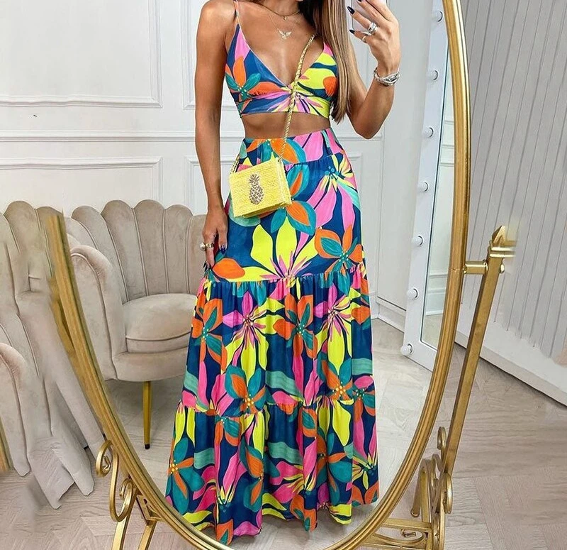 Two Piece Sets Womens Outifits 2024 Summer Elegant Fashion Printed V-neck Sleeveless Strap Long Skirt Suits Female Streetwear