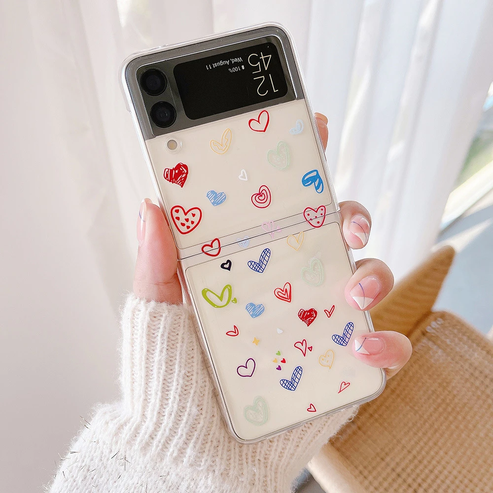 Case For Samsung Galaxy Z Flip 3 5G Colorful Love Heart Slim Phone Cover For z flip3 Cartoon Planet Stars Cloud Clear Hard Cover samsung flip3 case