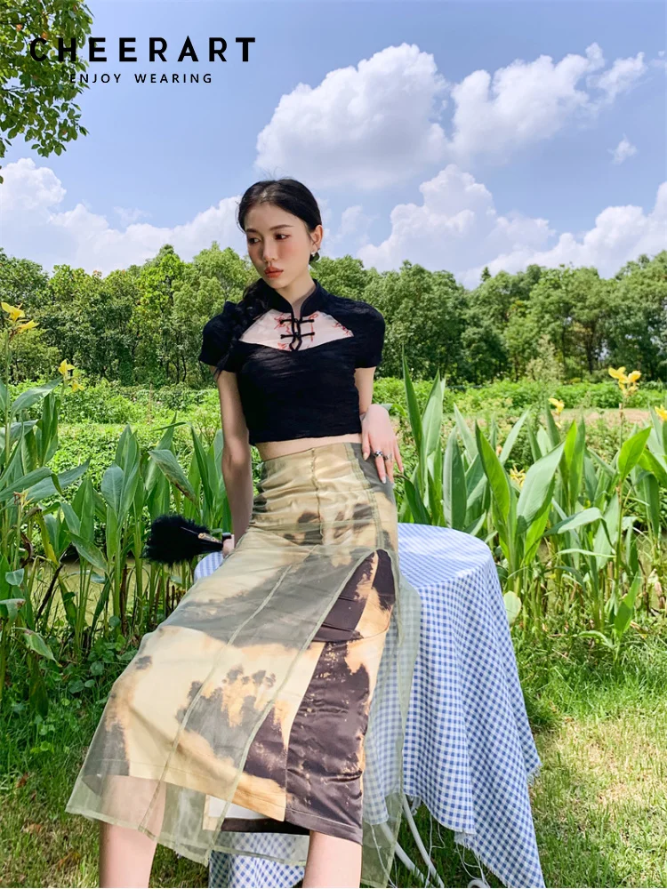 

CHEERART Ink Painting Designer Mesh A Line Long Skirts For Women 2022 Summer Yellow High Waist Skirt Summer Fashion Bottoms