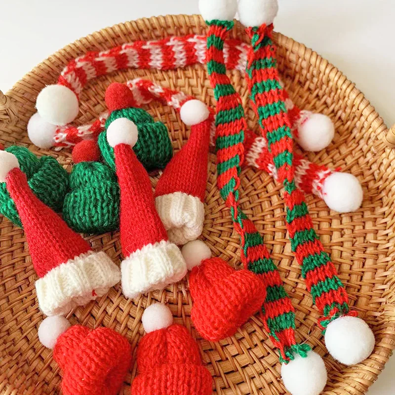 10pcs/20pcs Mini Santa Hat Christmas Scarf 2024 New Hat Scarf Lollipop Wine Bottle DIY Xmas Party Home Dinner Table Decoration