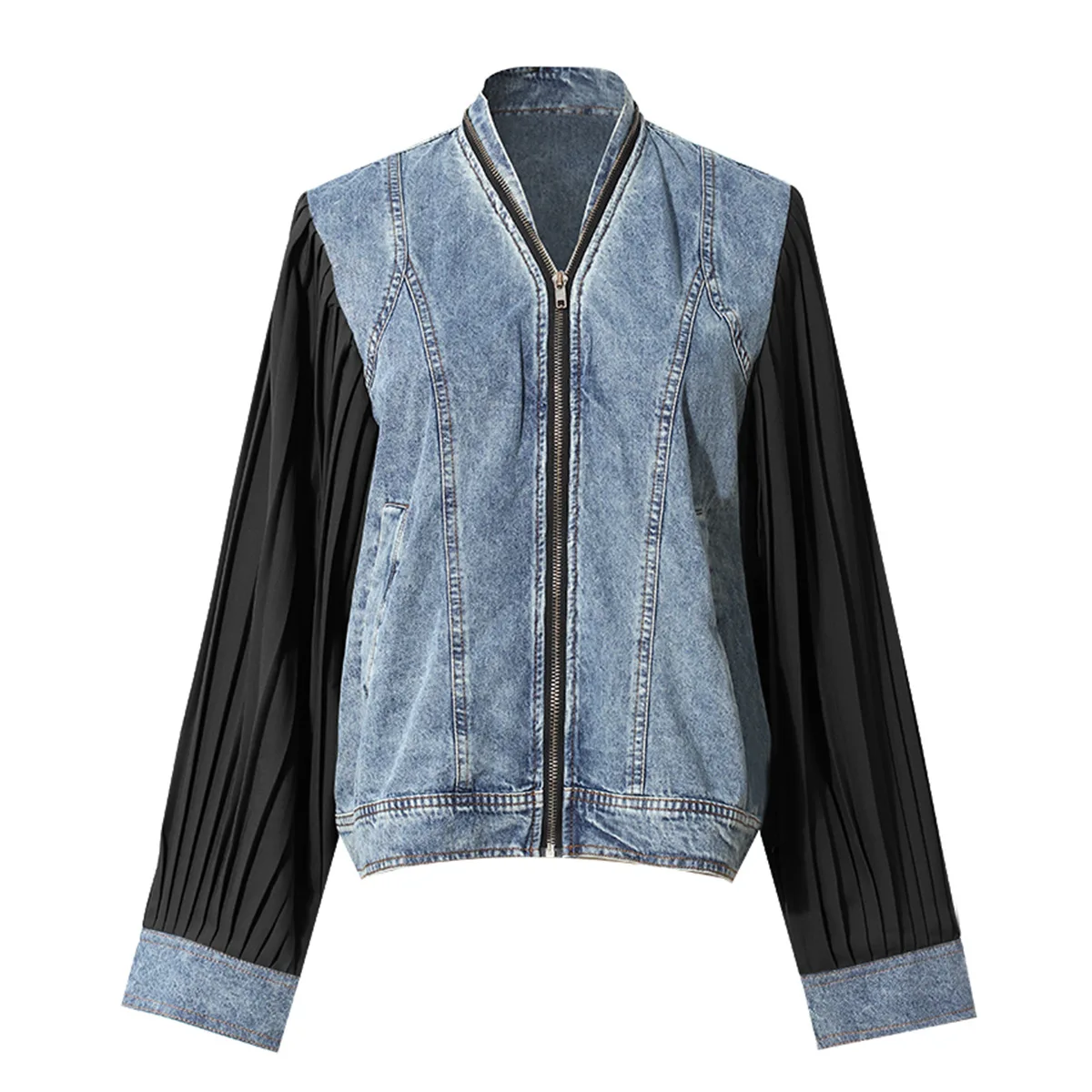 

SuperAen Contrasting Denim Jacket for Women 2024 Spring New High-end Patchwork Pleated Sleeves Denim Jacket Top